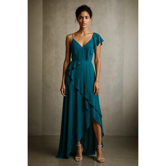 Vera Wang White Collection Gem Style 360531 Teal Ruffle Gown | Bridesmaid 4 - Picture 1 of 11